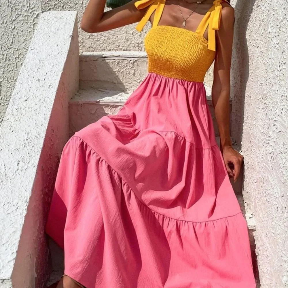 Lemonade ColorBlock Shirred  Ruffled Hem Cami Dress - Picture 5 of 10